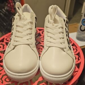 White Sneakers with Leopard Print Accents